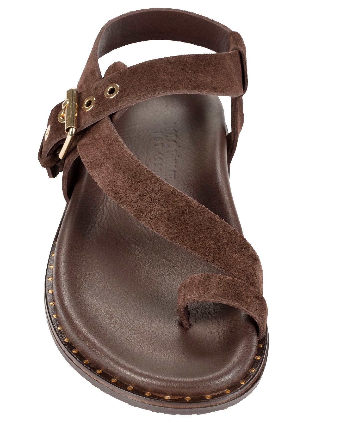 Dolci Firme Playa chocolate suede sandal, front view showing toe loop and brown leather footbed