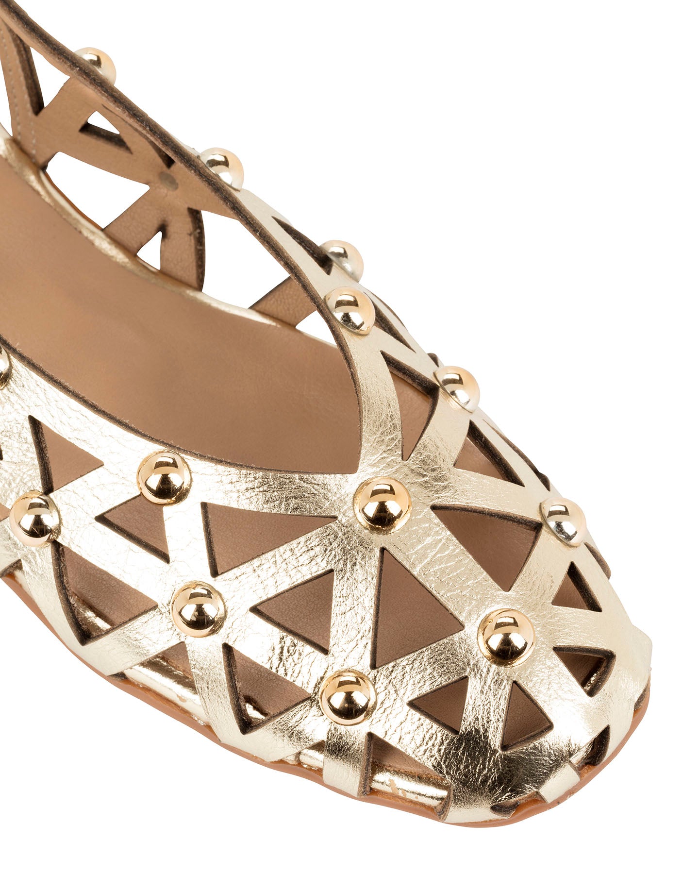 Dolci Firme Luana gold metallic leather caged slingback flat, detail of the studded lattice upper