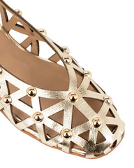 Dolci Firme Luana gold metallic leather caged slingback flat, detail of the studded lattice upper