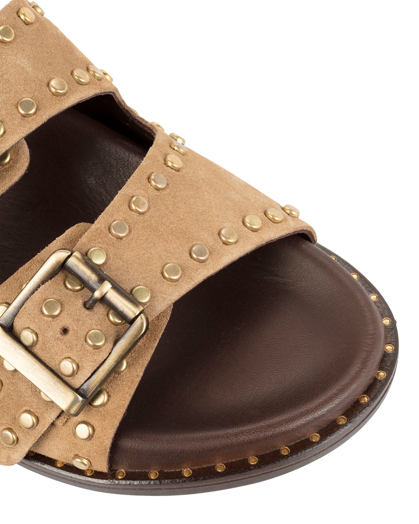 Dolci Firme Maran tan suede studded slide with studded sole edge
