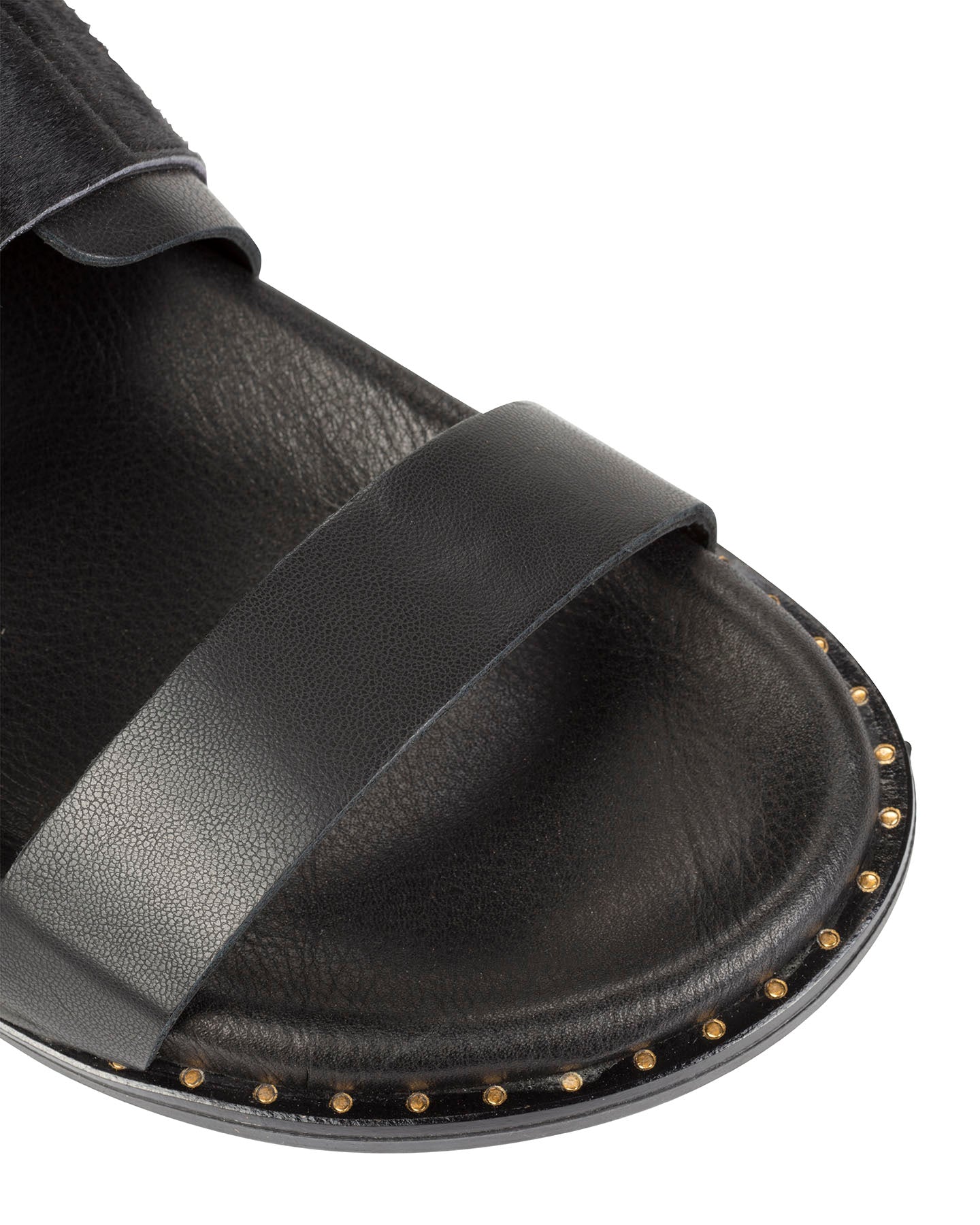 Dolci Firme Adelfi black pony hair sandal on a contoured cushioned footbed