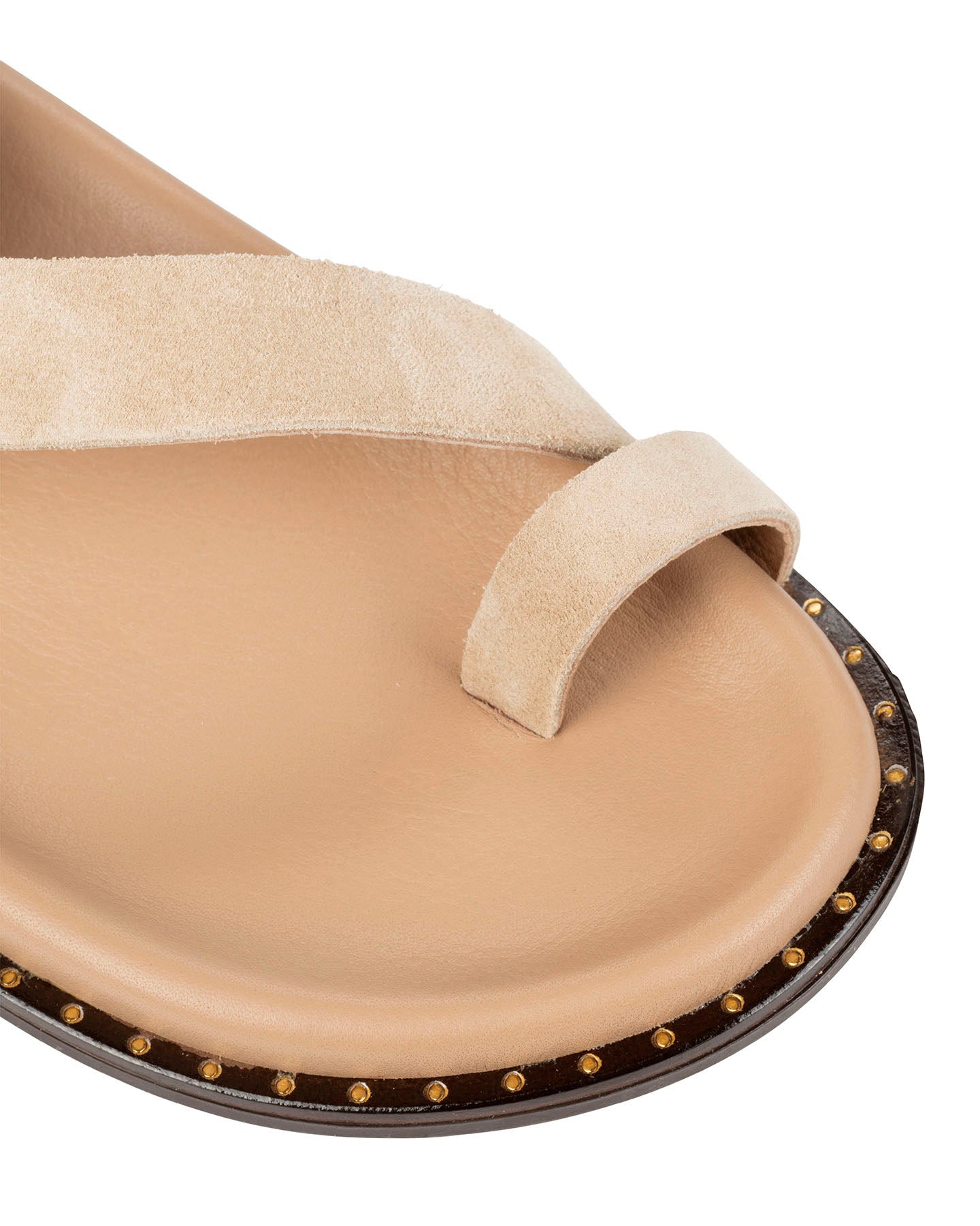 Dolci Firme Playa beige suede toe-loop sandal, adjustable gold-buckle slingback