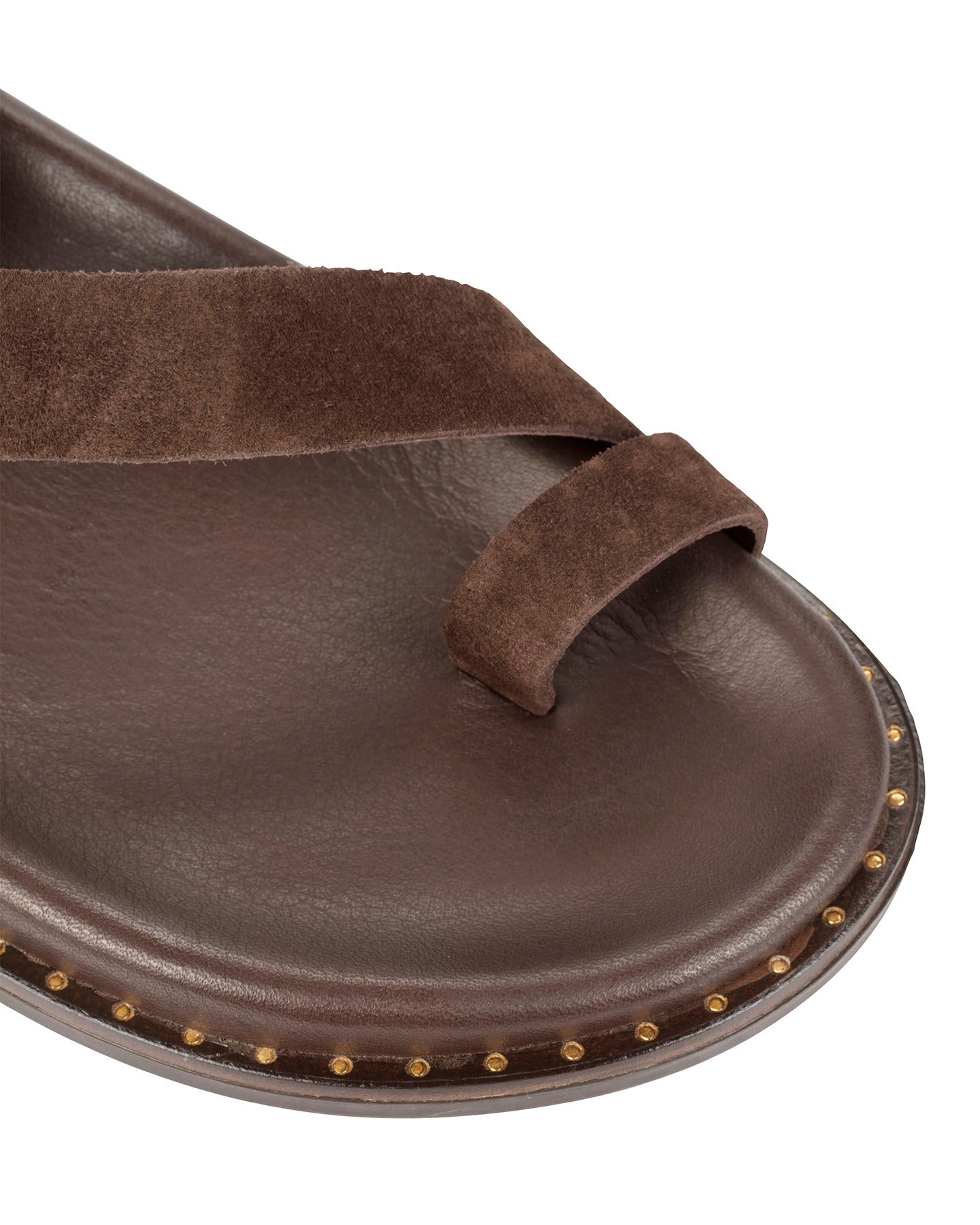 Dolci Firme Playa chocolate suede toe-loop sandal, adjustable gold-buckle slingback
