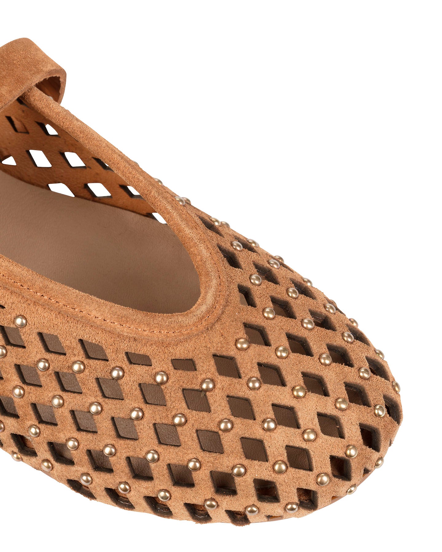 Dolci Firme Monty tan suede studded ballet flat with gold-tone buckle