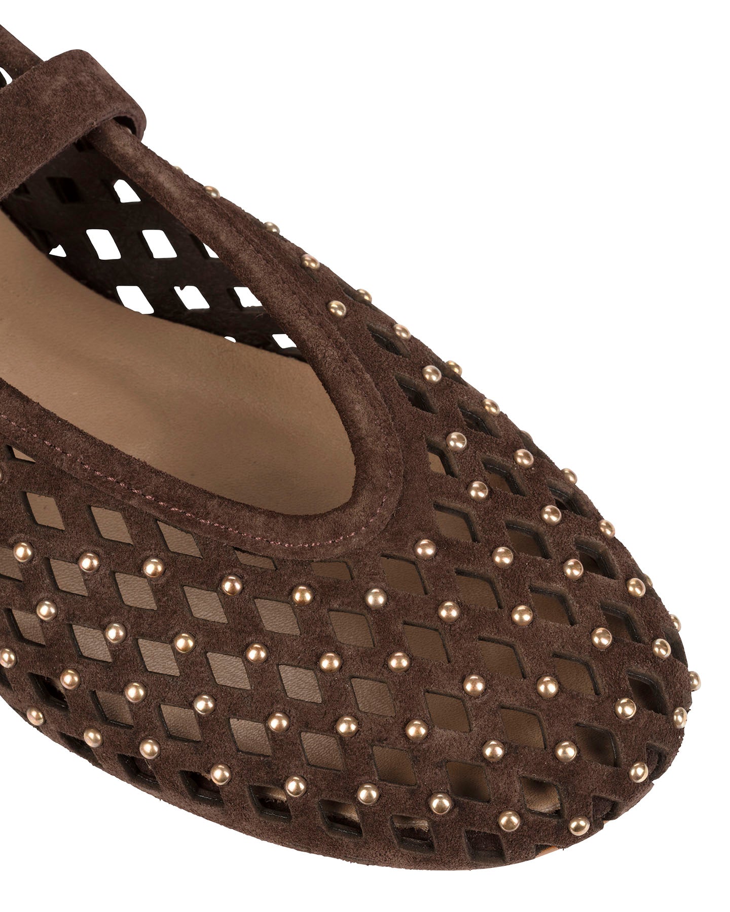 Dolci Firme Monty chocolate suede studded ballet flat with gold-tone buckle