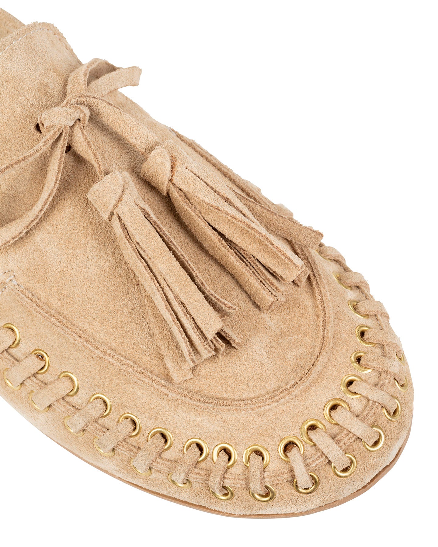 Close-up of the gold eyelets, whipstitching and suede tassels on the Dolci Firme Jaki beige loafer