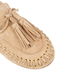 Close-up of the gold eyelets, whipstitching and suede tassels on the Dolci Firme Jaki beige loafer