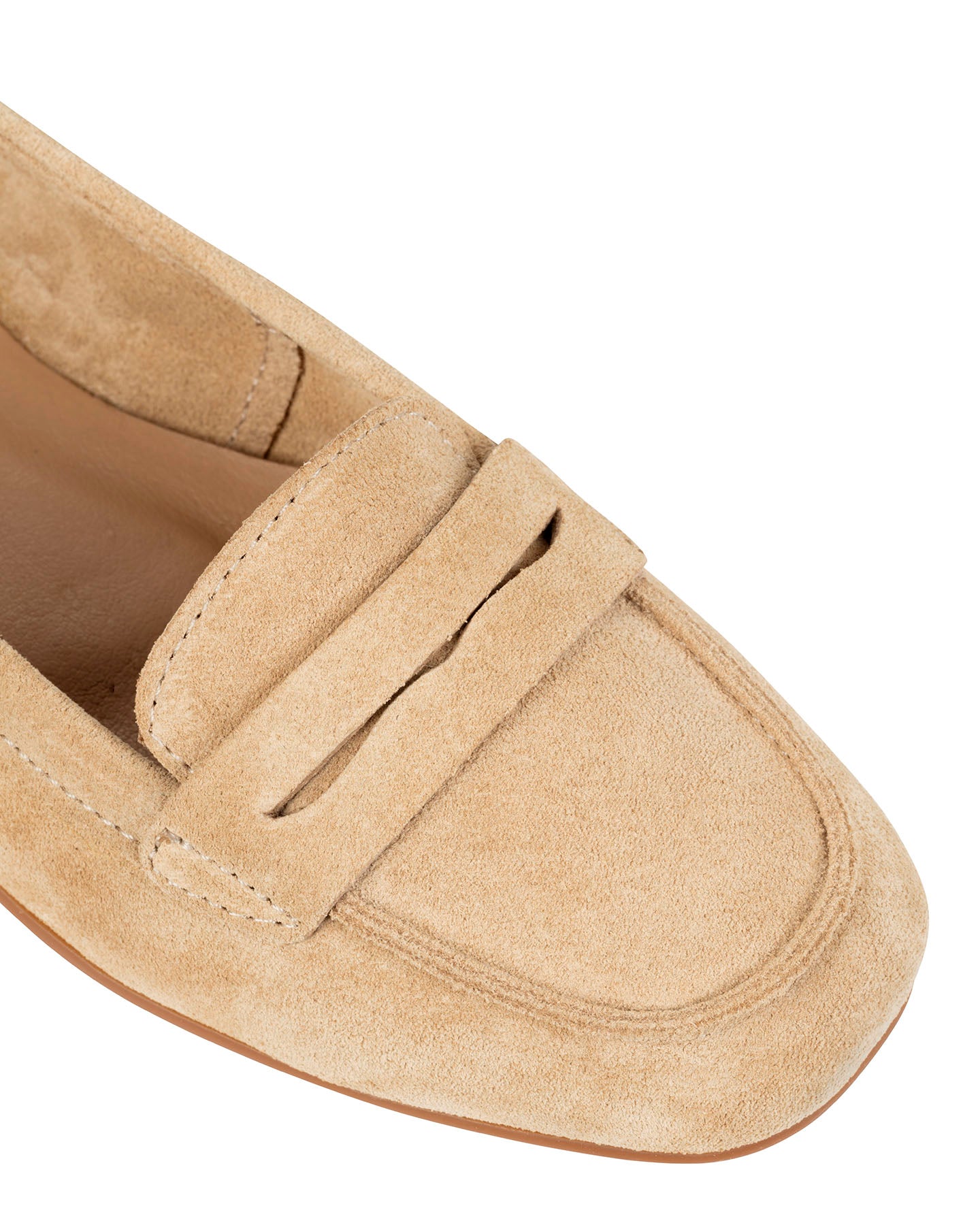 Dolci Firme Quincy beige suede penny loafer on a moccasin last