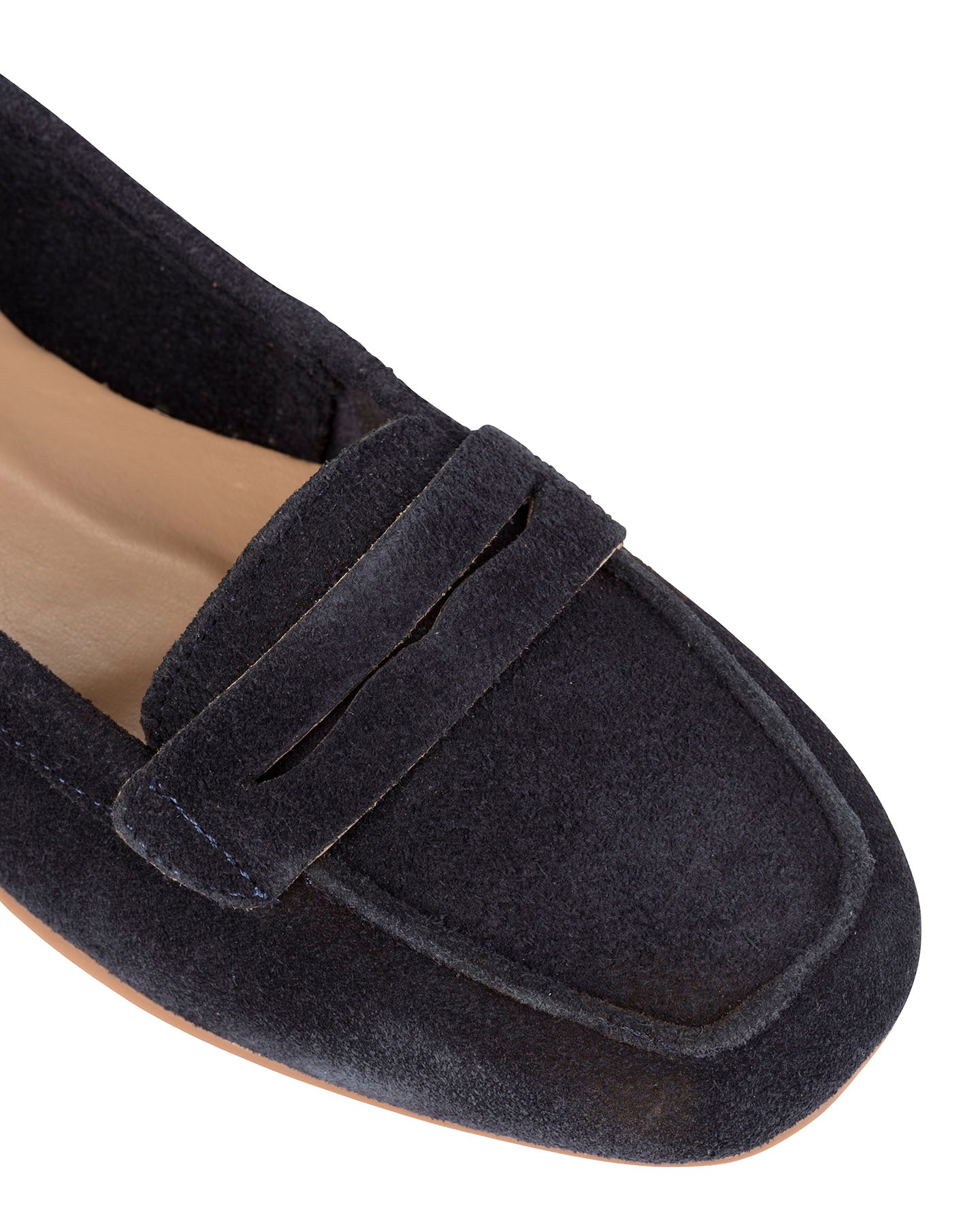 Dolci Firme Quincy navy suede penny loafer on a moccasin last