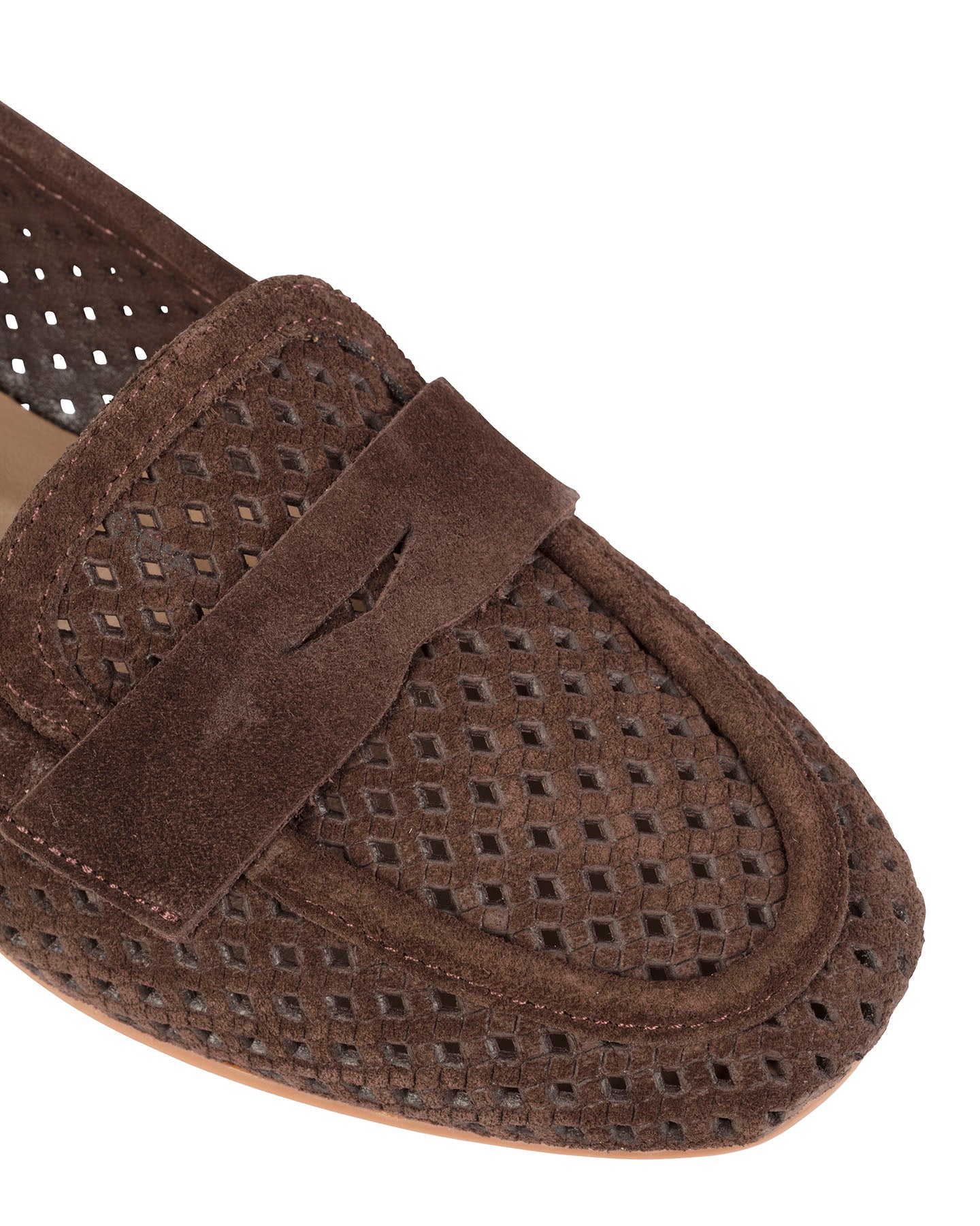 Close-up of the woven suede upper and penny keeper on the Dolci Firme Keah chocolate loafer