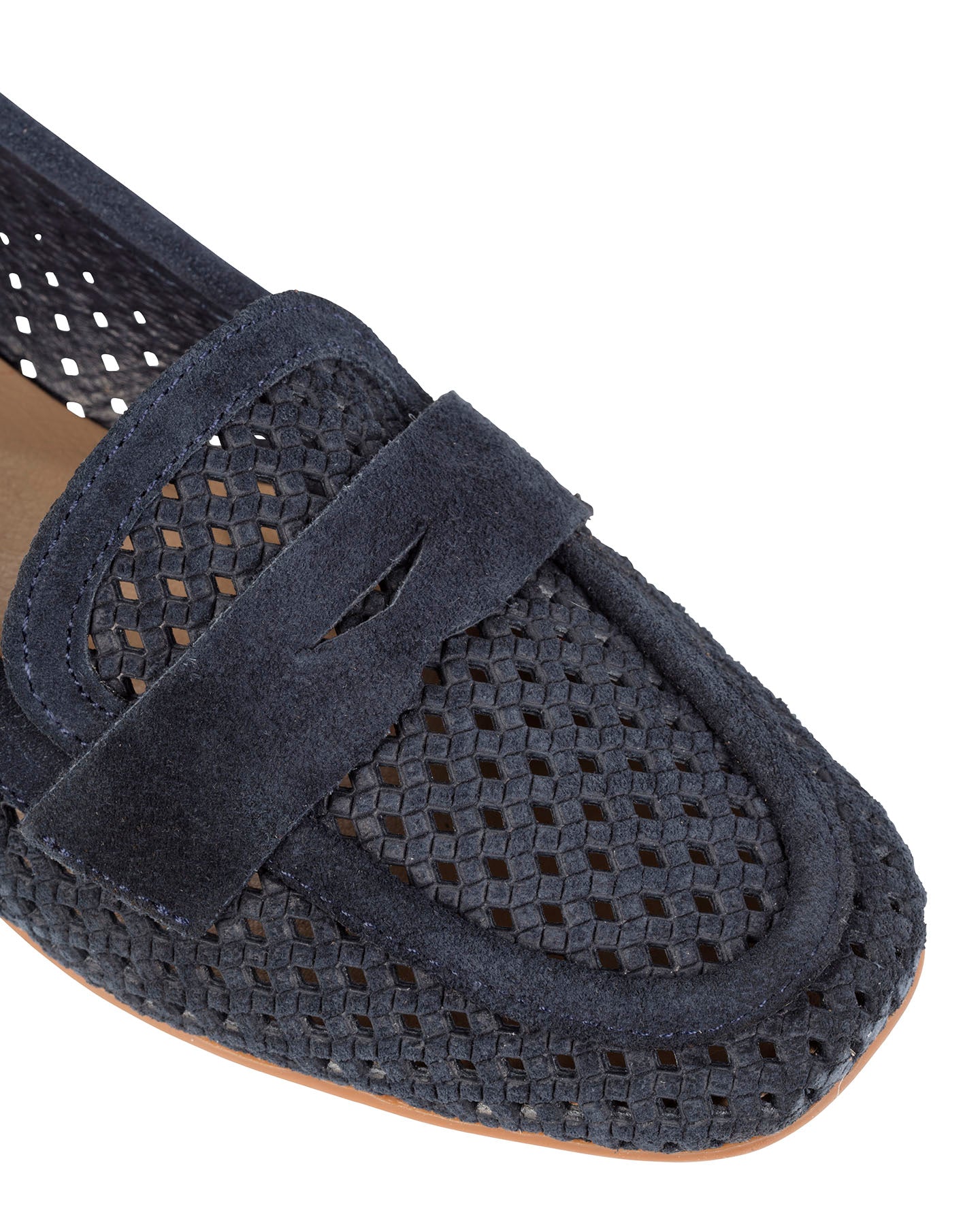 Close-up of the woven suede upper and penny keeper on the Dolci Firme Keah navy loafer