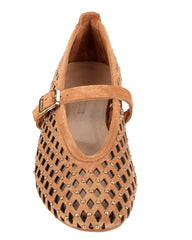 Dolci Firme Monty tan suede Mary Jane flat, top view showing diamond perforations and gold dome studs