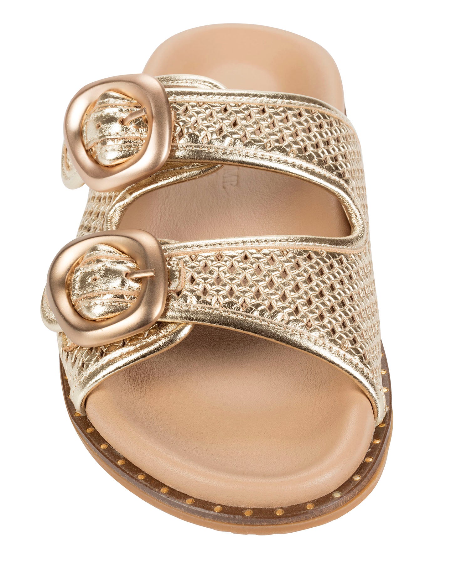 Dolci Firme Beaty gold slide sandal, top view showing the woven leather straps and oversized gold ring buckles