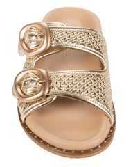 Dolci Firme Beaty gold slide sandal, top view showing the woven leather straps and oversized gold ring buckles