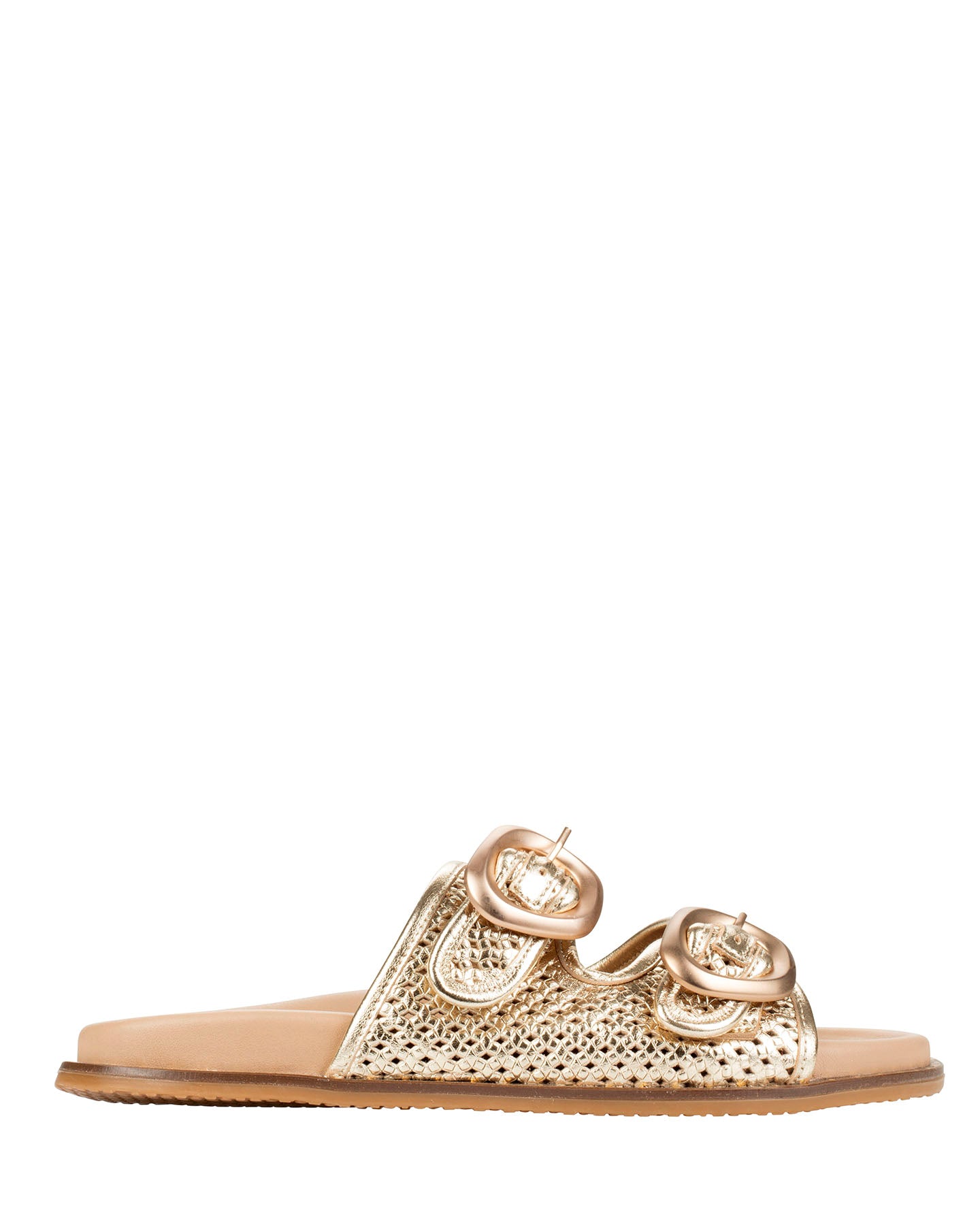 Dolci Firme Beaty gold woven leather two-strap slide sandal, side profile