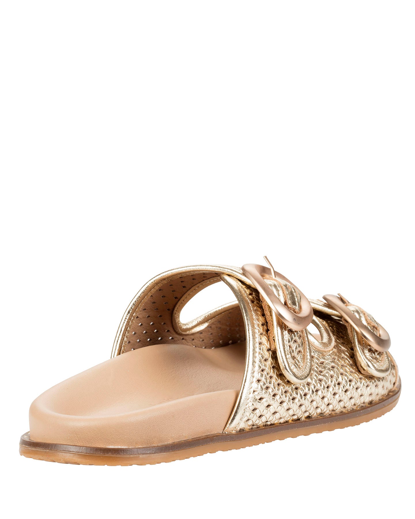 Dolci Firme Beaty gold woven leather slide sandal, three-quarter view showing the contoured cushioned footbed