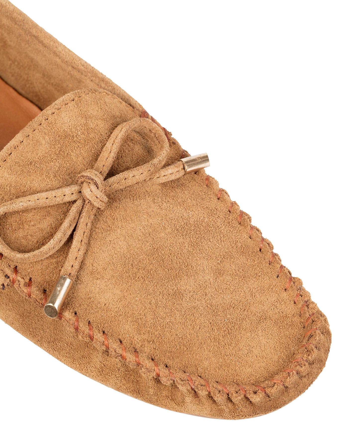 Dolci Firme Alpha cigar suede driving loafer, top view showing hand-stitched apron and bow