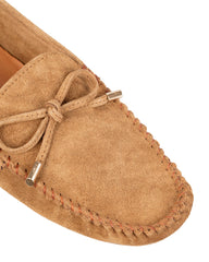 Dolci Firme Alpha cigar suede driving loafer, top view showing hand-stitched apron and bow